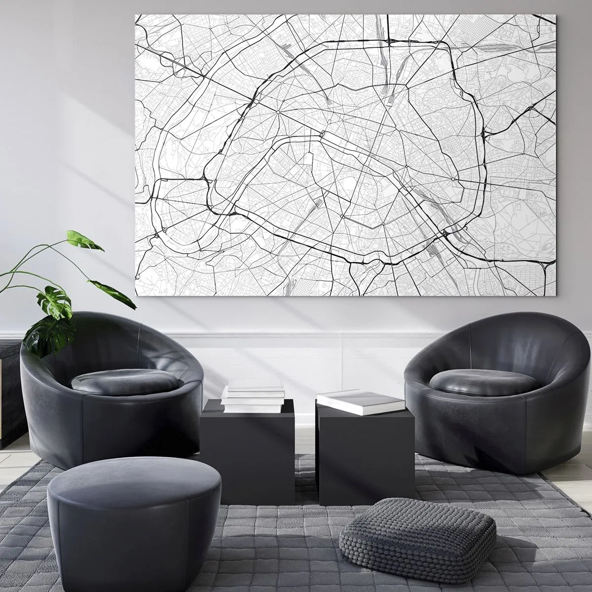 Quadro em vidro - Mapa da cidade em preto e branco com grade de ruas e artérias circulares - 70x50cm - Flor de Paris - Decoração de parede moderna para a sala de estar e quarto ARTTOR