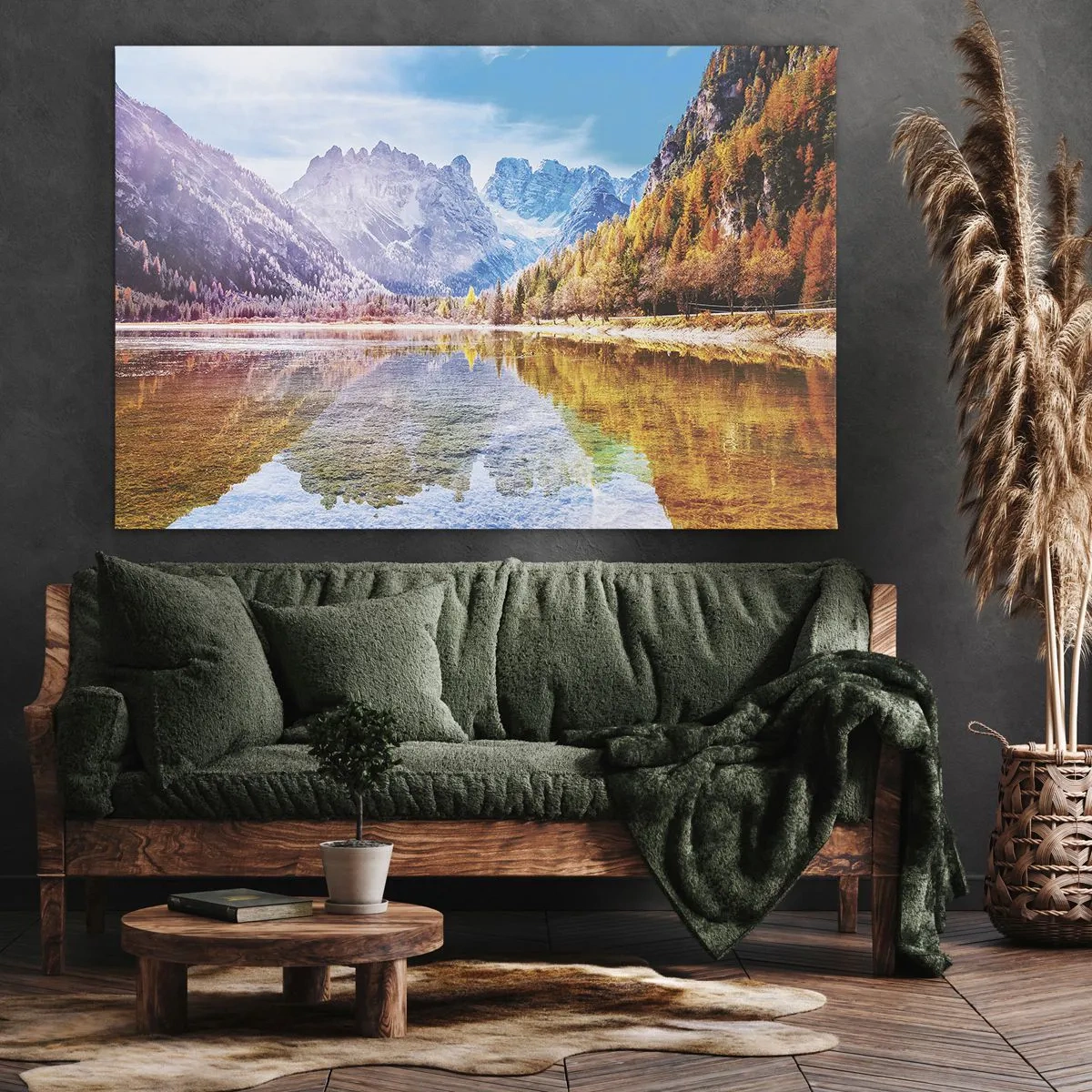 Quadro em tela - Paisagem montanhosa de outono com um lago - 70x50cm - E nas montanhas é outono - Decoração de parede moderna para a sala de estar e quarto ARTTOR