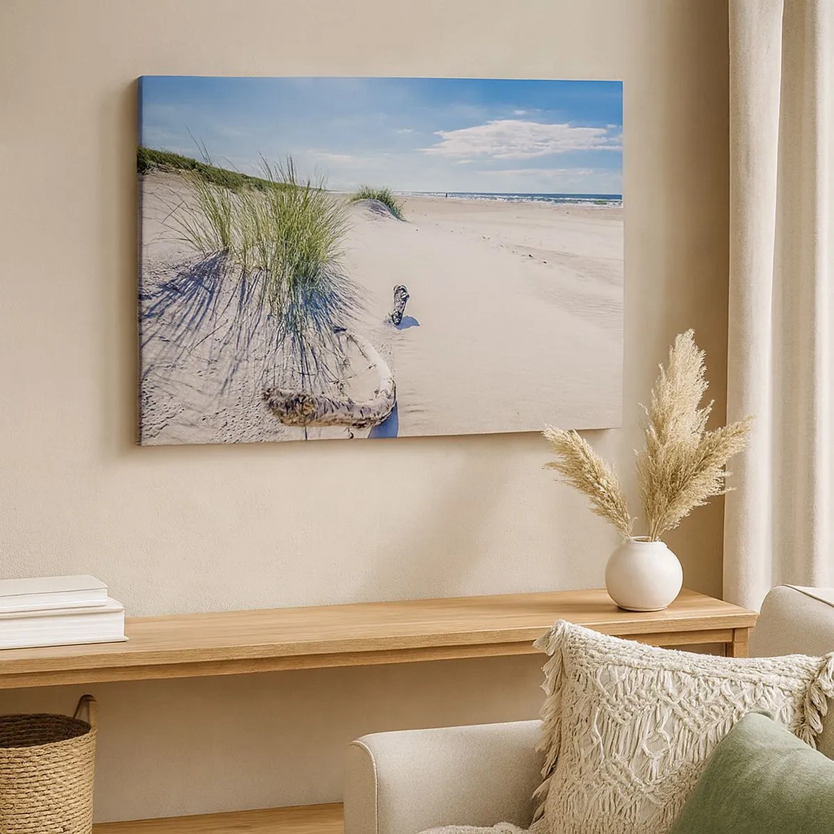 Quadro em tela - Uma praia do Báltico com areia, grama e um céu azul calmo - 70x50cm - A mais bonita? do Báltico - Decoração de parede moderna para a sala de estar e quarto ARTTOR