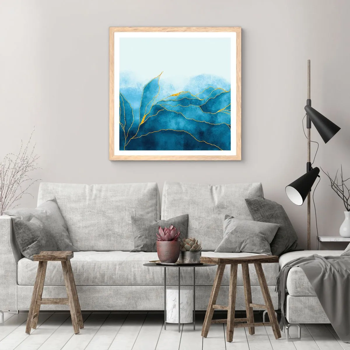 Pôster com moldura de carvalho claro - Azul dourado - 40x40 cm