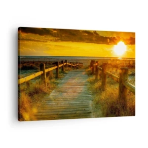 Quadro em tela - Um caminho de madeira que leva à praia sob o brilho do pôr do sol - 70x50cm - Banhado em ouro antigo - Decoração de parede moderna para a sala de estar e quarto ARTTOR