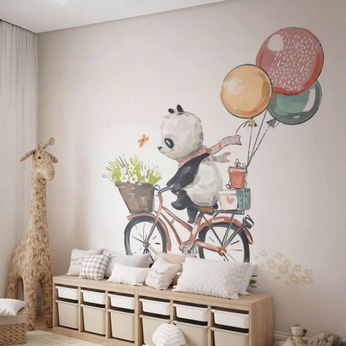 Papel de Parede Premium Sand - Dia feliz - Para crianças, Panda em uma bicicleta, Abstração - 100x70 cm