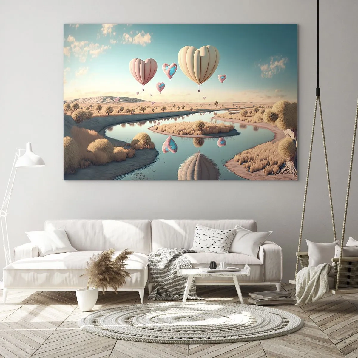 Quadro em vidro - Balões em forma de coração sobre uma paisagem de conto de fadas com um rio - 70x50cm - O amor permite se reerguer - Decoração de parede moderna para a sala de estar e quarto ARTTOR