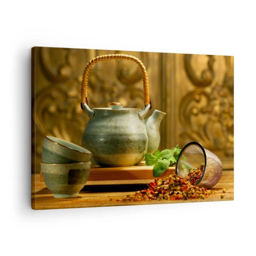 Quadro em tela - Jarro de cerâmica com xícaras e chá seco - 70x50cm - Tratado sobre beber chá - Decoração de parede moderna para a sala de estar e quarto ARTTOR