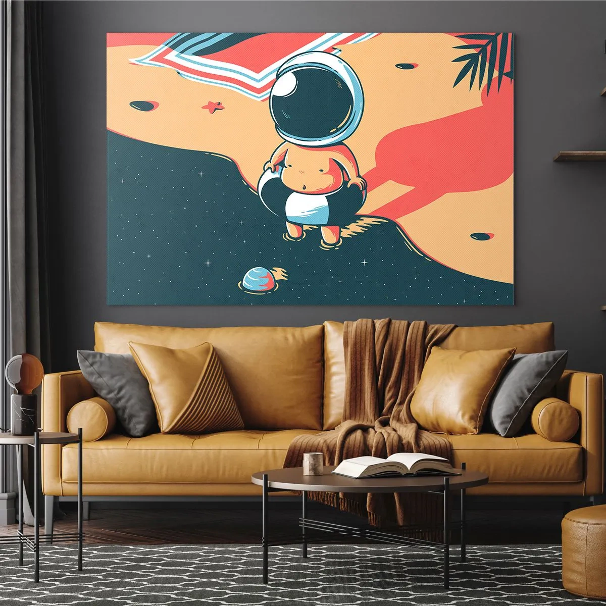 Quadro em vidro - Figura de astronauta em uma praia com uma paisagem cósmica - 70x50cm - De uma perspetiva diferente - Decoração de parede moderna para a sala de estar e quarto ARTTOR