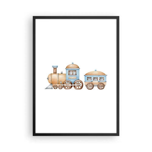 Pôster com moldura preta - Trem em aquarela em tons de azul e bege - 50x70cm - Parado na estação... - Decoração de parede moderna para a sala de estar e quarto ARTTOR