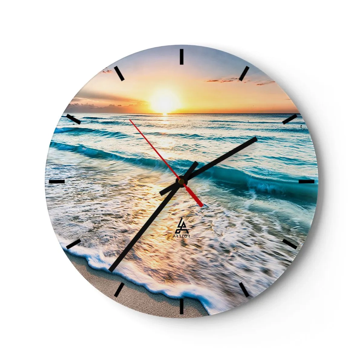 Relógio de parede - Relógio em vidro - Pôr do sol sobre o mar com ondas na costa - 30x30cm - Uma visão que vale a pena - Decoração de parede moderna para a sala de estar, cozinha e quarto ARTTOR