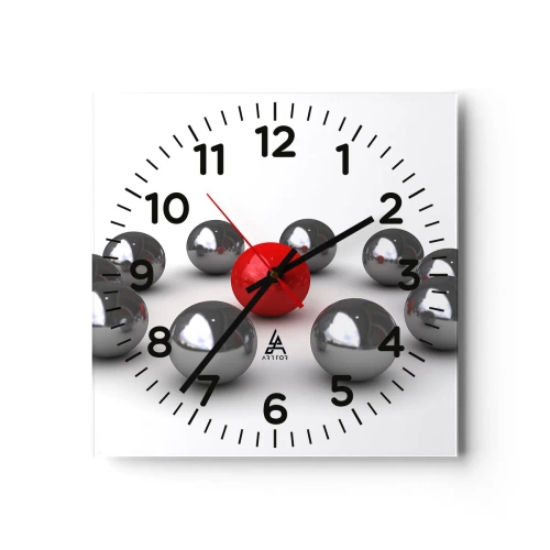 Relógio de parede - Relógio em vidro - Círculo em prata e vermelho - 30x30 cm