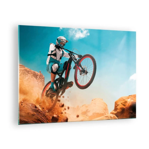 Quadro em vidro - Cena dinâmica de um ciclista em ação em terreno rochoso - 70x50cm - Loucura demoníaca da bicicleta - Decoração de parede moderna para a sala de estar e quarto ARTTOR