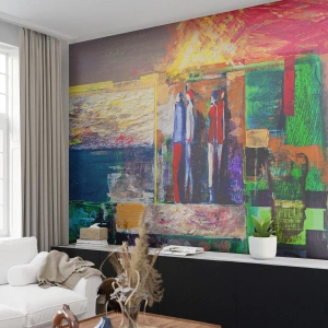 Papel de Parede Standard Eco - Cena abstrata com silhuetas de pessoas e cores - 100x70cm - Relacionamentos e emoções - Decoração de parede moderna para a sala de estar e quarto ARTTOR