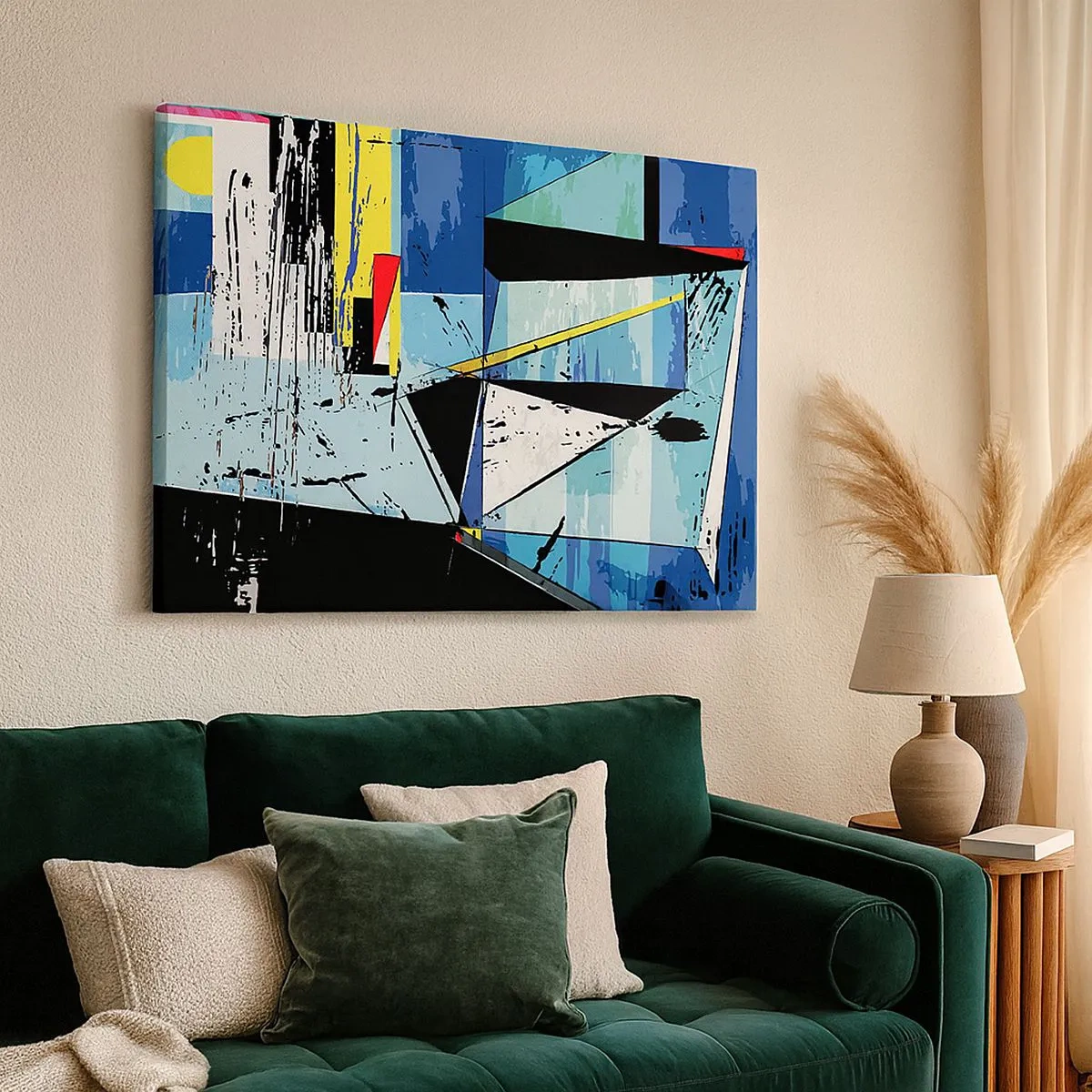 Quadro em tela - Composição geométrica abstrata em cores vivas - 70x50cm - Olhar por um outro ângulo... - Decoração de parede moderna para a sala de estar e quarto ARTTOR