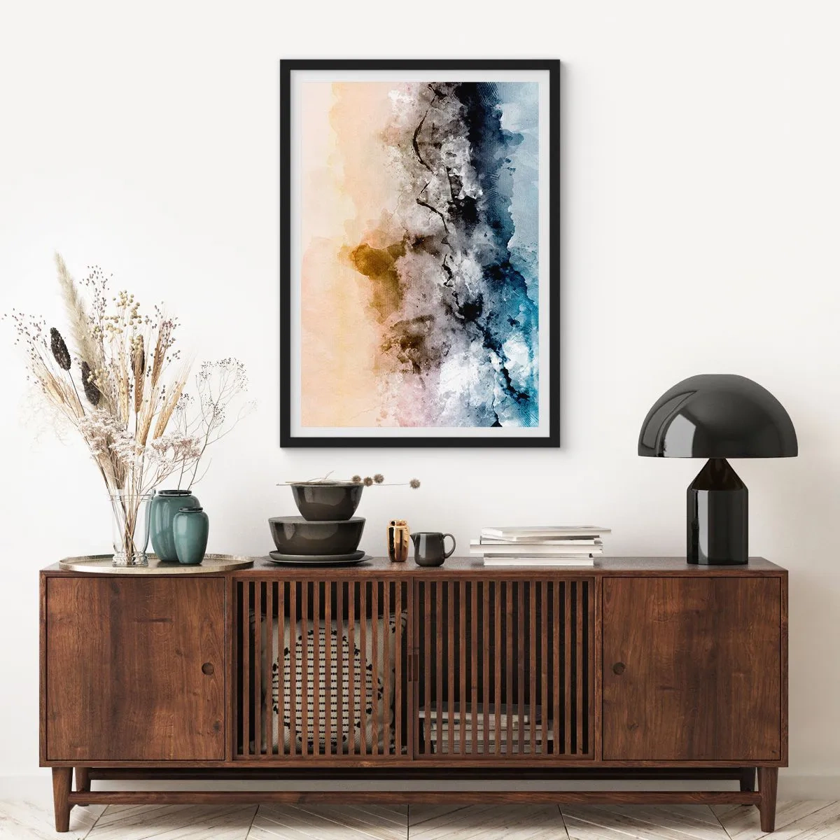 Pôster com moldura preta - Composição abstrata em tons de azul e bege - 50x70cm - Imersos no tumulto do nevoeiro - Decoração de parede moderna para a sala de estar e quarto ARTTOR