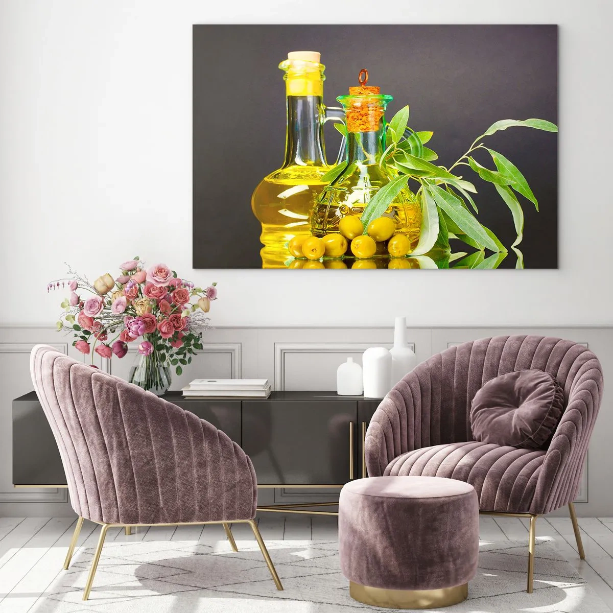 Quadro em vidro - Natureza morta com azeitonas e azeite - 120x80 cm