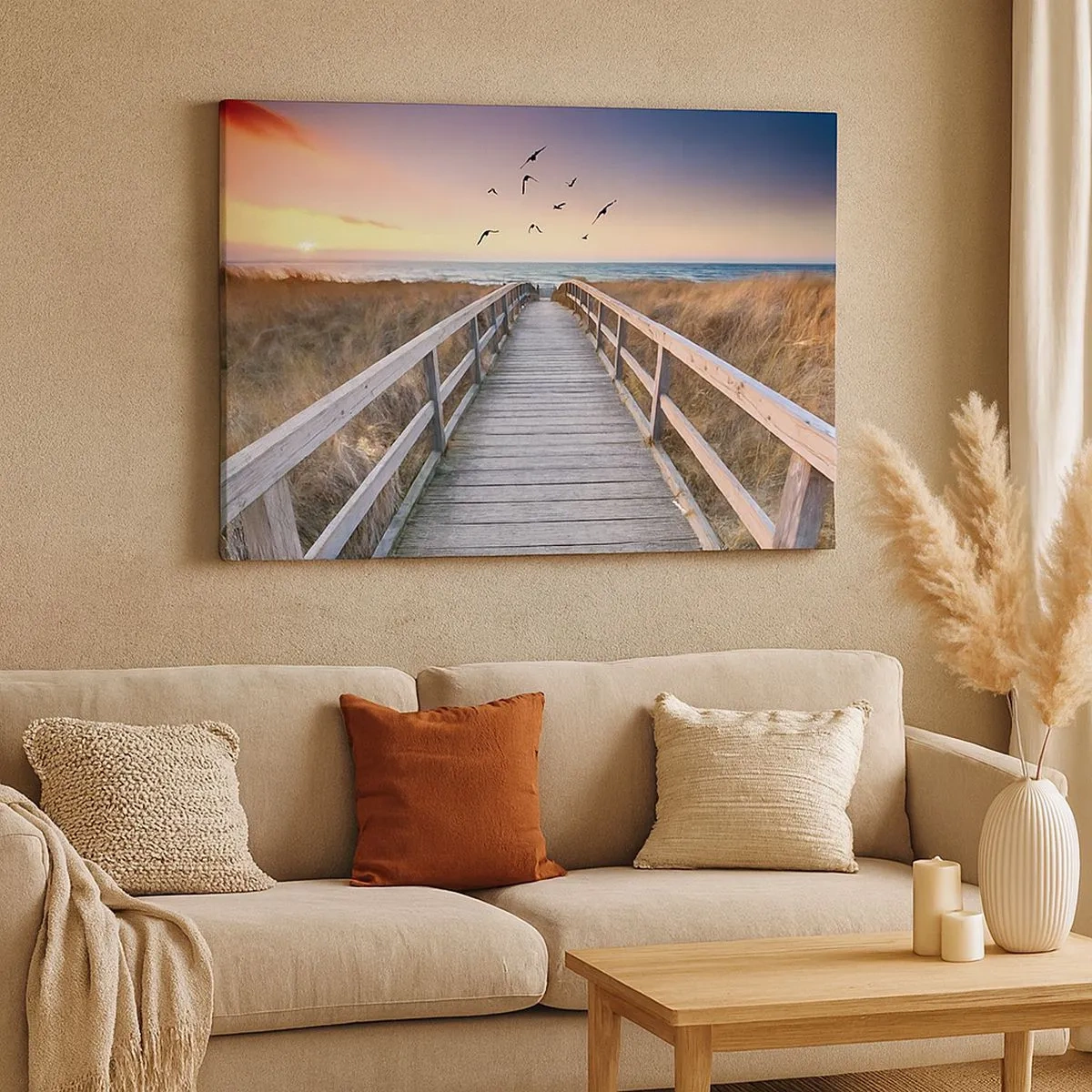 Quadro em tela - Cais de madeira que leva à praia ao pôr do sol - 70x50cm - O espaço das alturas - Decoração de parede moderna para a sala de estar e quarto ARTTOR