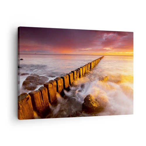 Quadro em tela - Uma paisagem pitoresca à beira-mar ao pôr do sol - 70x50cm - A suavidade das ondas - Decoração de parede moderna para a sala de estar e quarto ARTTOR