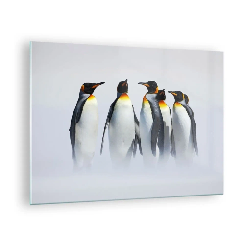 Quadro em vidro - Um grupo de pinguins em uma paisagem de inverno - 70x50cm - Reunião em traje de gala - Decoração de parede moderna para a sala de estar e quarto ARTTOR