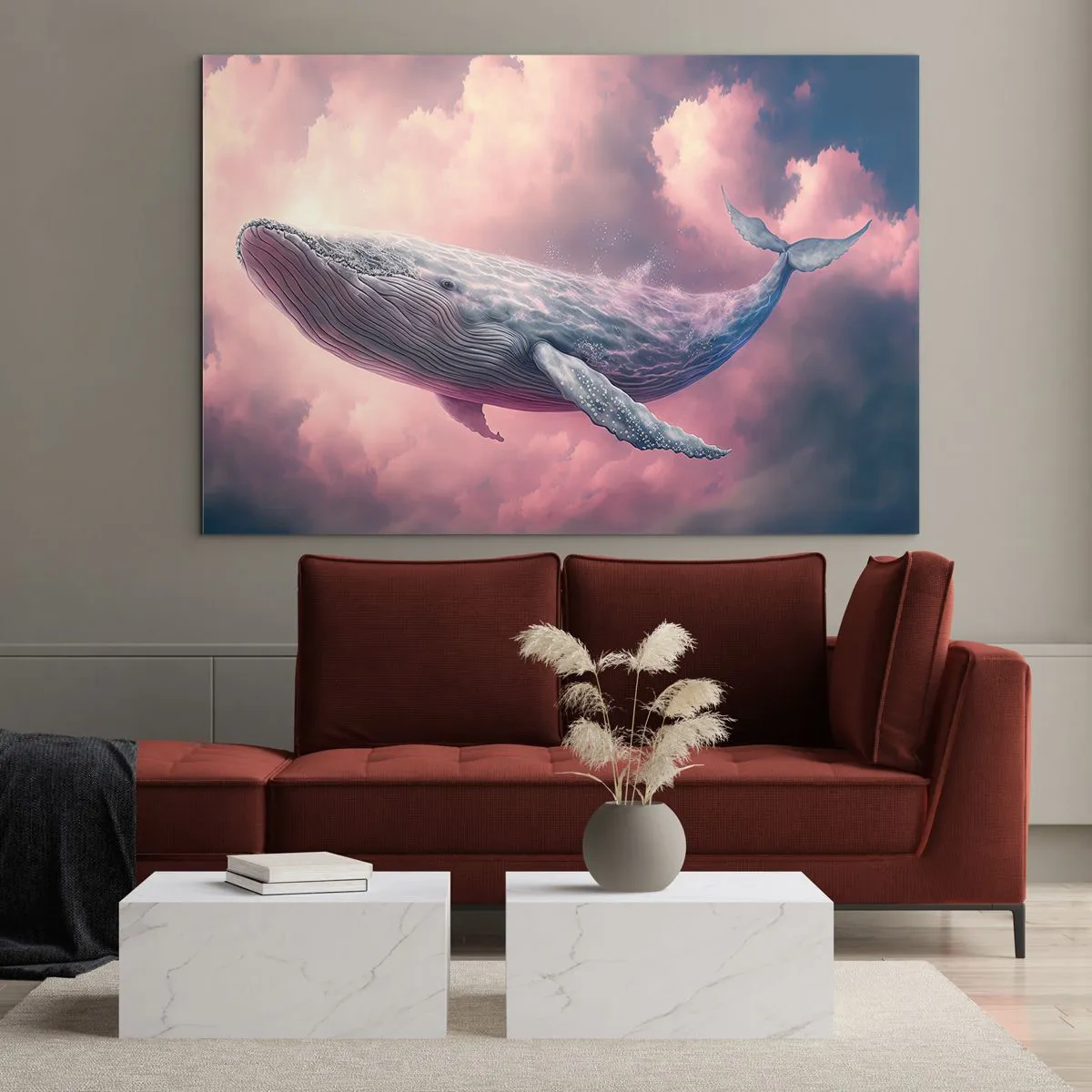 Quadro em vidro - Uma baleia flutuando nas nuvens com um brilho rosa - 70x50cm - Esfregue seus olhos - Decoração de parede moderna para a sala de estar e quarto ARTTOR