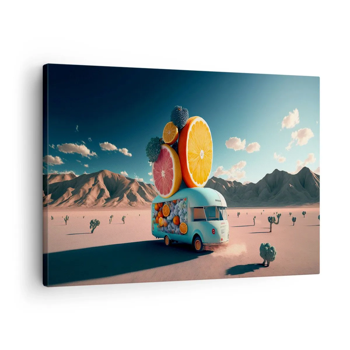 Quadro em tela - Caminhão de frutas em uma paisagem desértica - 70x50cm - O sabor das férias - Decoração de parede moderna para a sala de estar e quarto ARTTOR