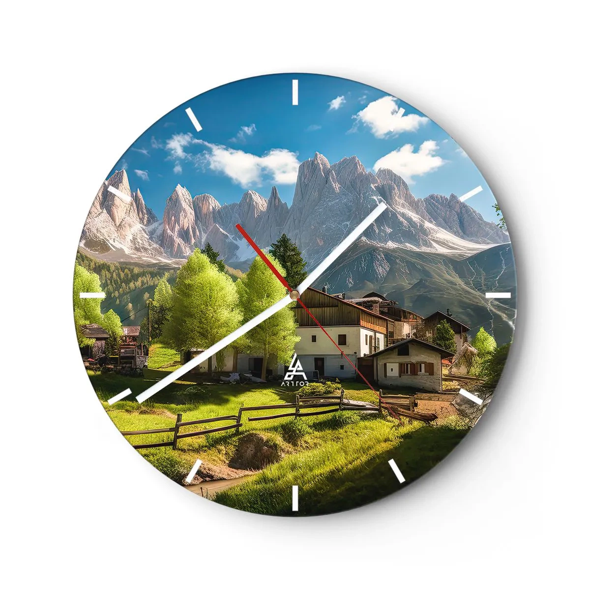 Relógio de parede - Relógio em vidro - Um assentamento rural no sopé das montanhas em um dia ensolarado - 30x30cm - Idílio alpino - Decoração de parede moderna para a sala de estar, cozinha e quarto ARTTOR