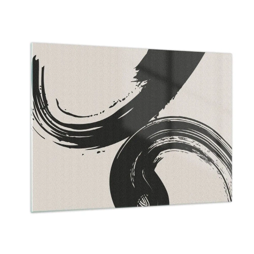 Quadro em vidro - Pinceladas caligráficas pretas e dinâmicas sobre um fundo claro. - 70x50cm - Varrer e circular - Decoração de parede moderna para a sala de estar e quarto ARTTOR