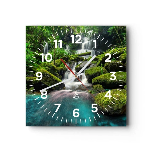 Relógio de parede - Relógio em vidro - Turquesa, safiras e prata líquida - 30x30 cm