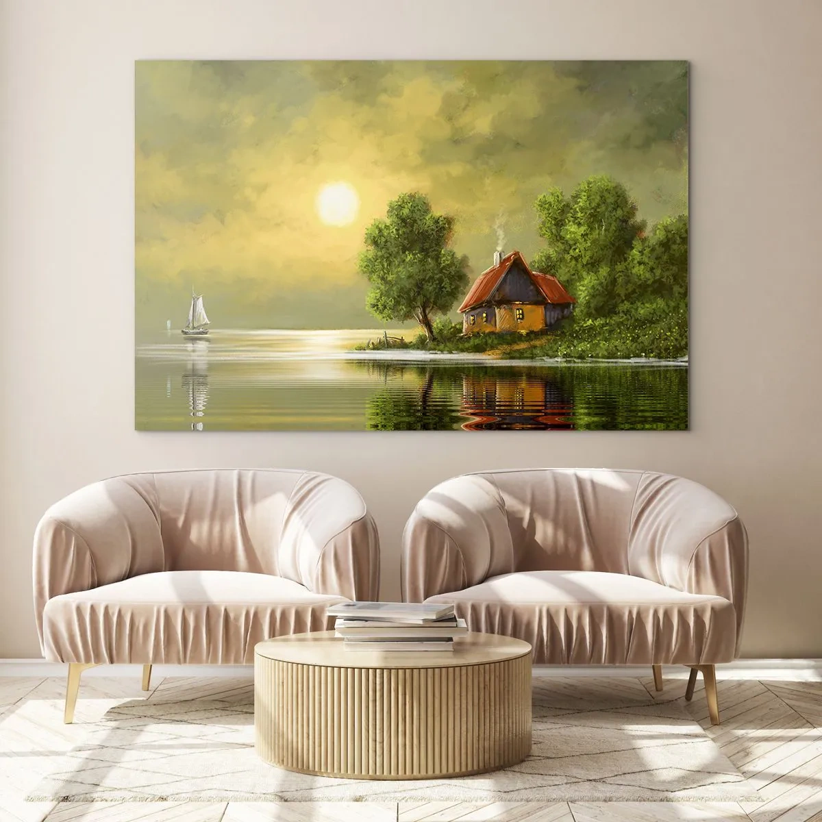 Quadro em vidro - Uma paisagem pitoresca com uma casa de campo à beira do lago ao pôr do sol - 70x50cm - Lindo como uma paisagem - Decoração de parede moderna para a sala de estar e quarto ARTTOR