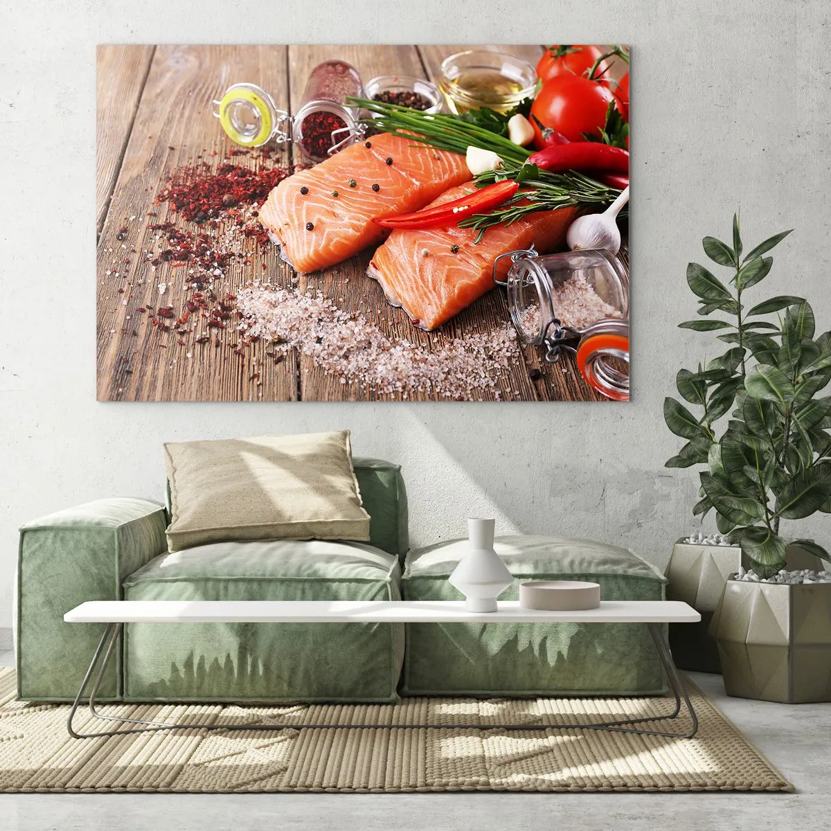 Quadro em vidro - Filés de salmão com especiarias em uma bancada de madeira - 70x50cm - Aventura norueguesa na cozinha - Decoração de parede moderna para a sala de estar e quarto ARTTOR