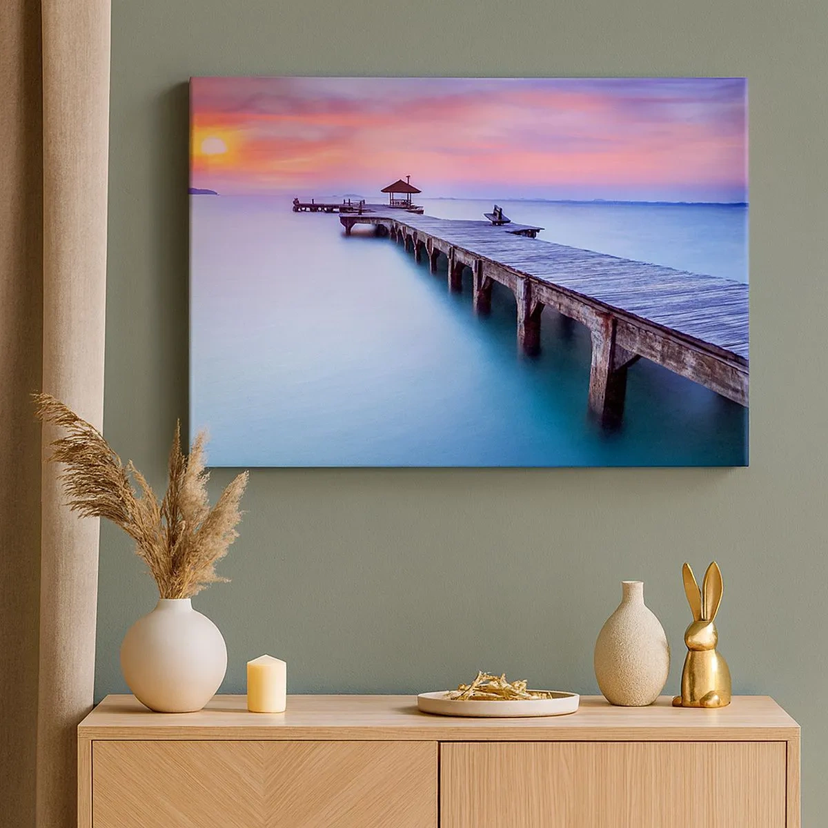 Quadro em tela - Píer de madeira que leva à água durante o pôr do sol - 70x50cm - Um mar de paz no horizonte - Decoração de parede moderna para a sala de estar e quarto ARTTOR
