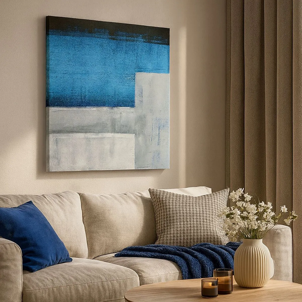 Quadro em tela - Uma composição poética de cinza e azul - 30x30 cm