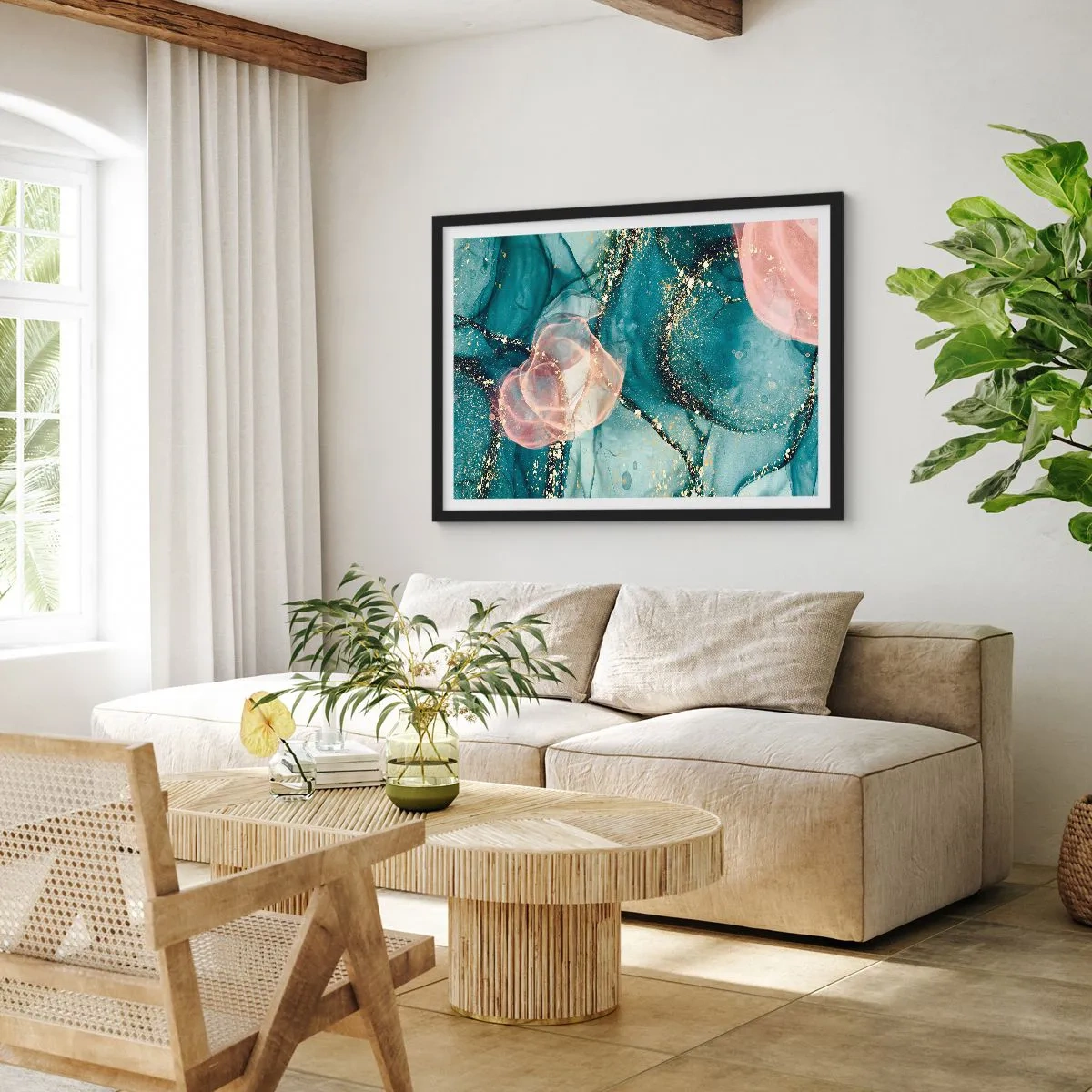 Pôster com moldura preta - Azul seda, rosa tule - 100x70 cm
