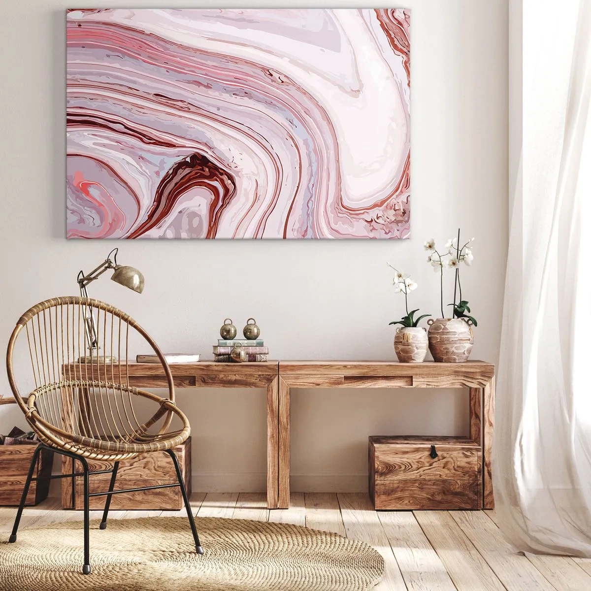 Quadro em tela - Padrão abstrato em rosa e branco - 70x50cm - Em frente, depois à direita para baixo - Decoração de parede moderna para a sala de estar e quarto ARTTOR