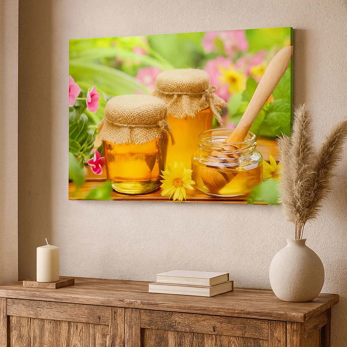 Quadro em tela - Potes de mel com flores no fundo de um jardim de verão - 70x50cm - Doce e floral - Decoração de parede moderna para a sala de estar e quarto ARTTOR