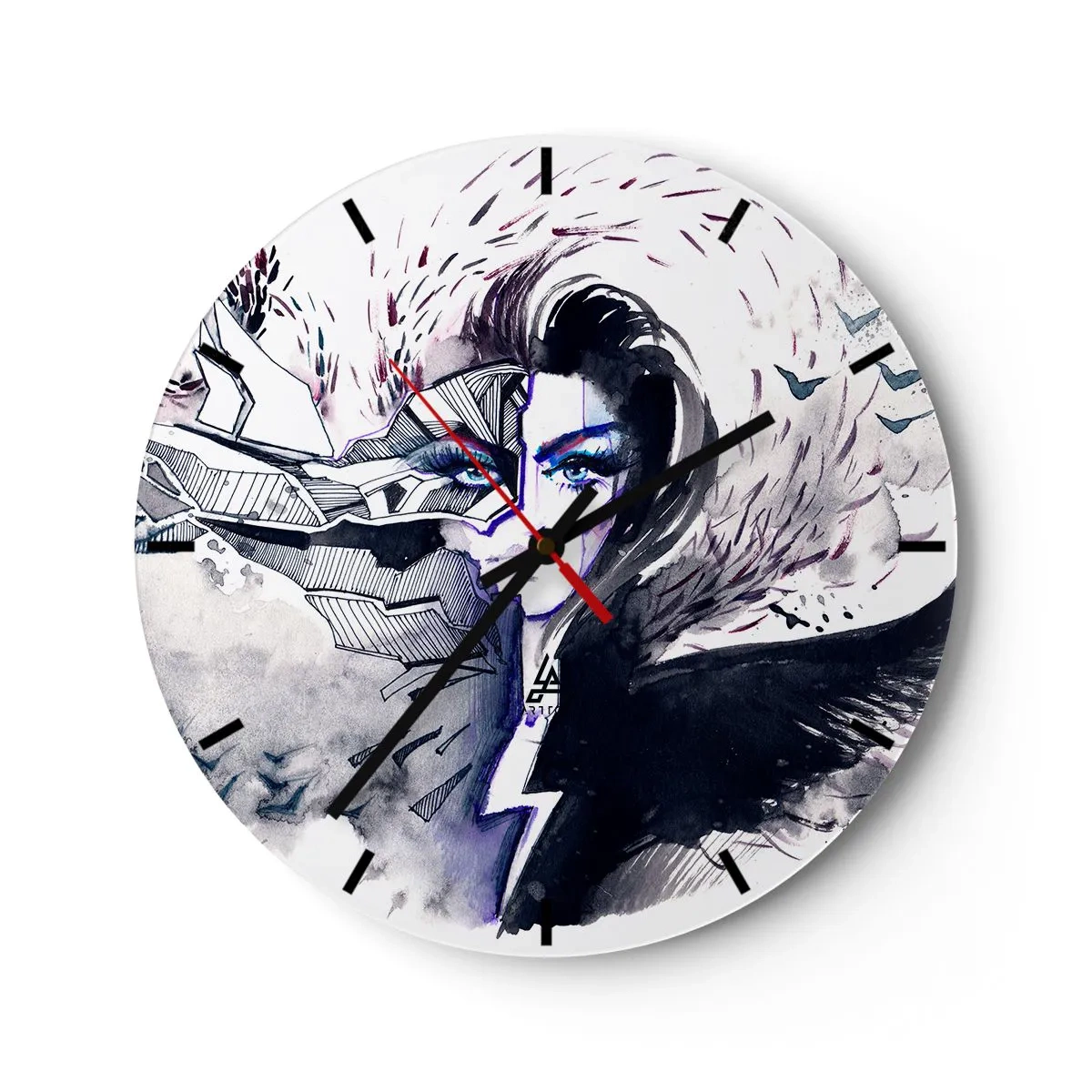 Relógio de parede - Relógio em vidro - Retrato abstrato de uma mulher com um motivo de demônio e relâmpago - 30x30cm - Demoníaca e linda - Decoração de parede moderna para a sala de estar, cozinha e quarto ARTTOR