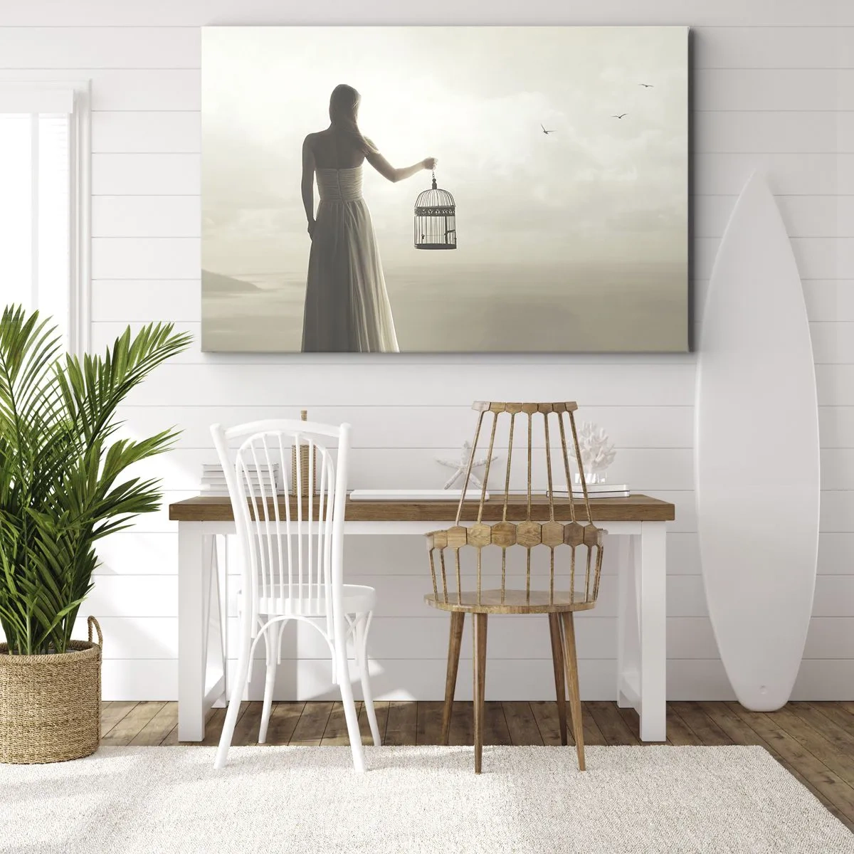 Quadro em tela - Uma mulher com uma gaiola contra um céu calmo - 70x50cm - Seja livre - Decoração de parede moderna para a sala de estar e quarto ARTTOR