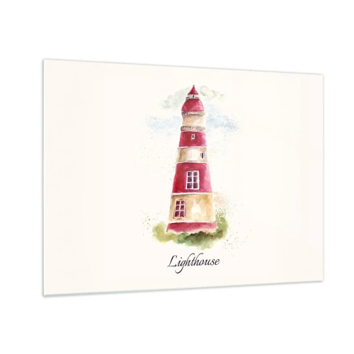 Quadro em vidro - Farol em aquarela com a inscrição Farol - 70x50cm - Sempre há clima - Decoração de parede moderna para a sala de estar e quarto ARTTOR
