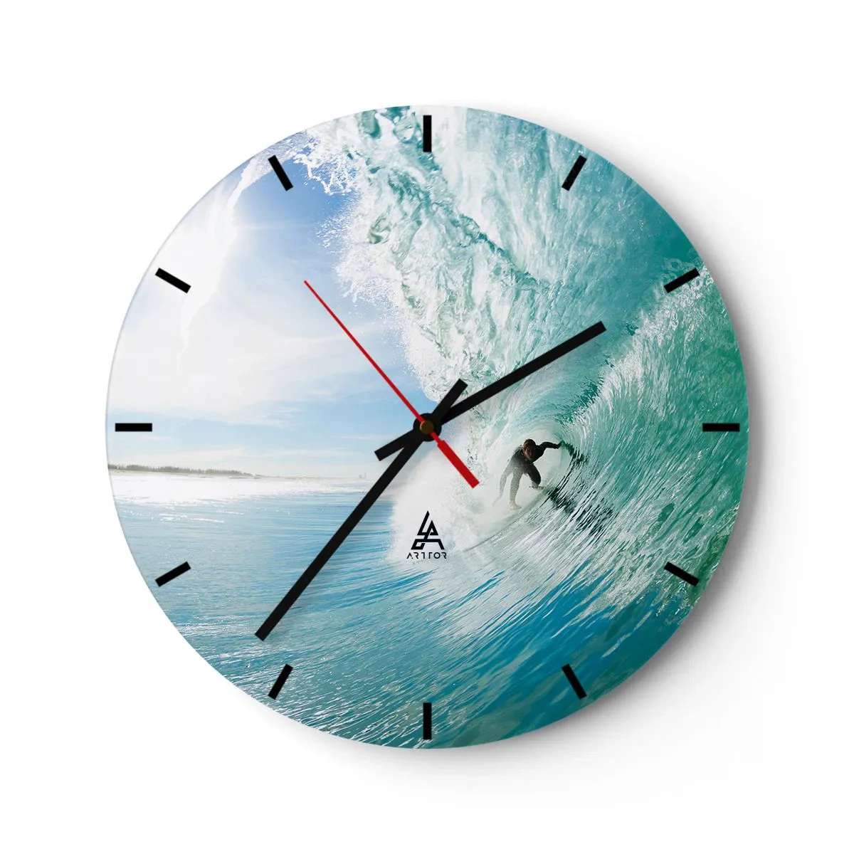 Relógio de parede - Relógio em vidro - Surfista em um túnel de água contra um céu azul - 30x30cm - Na crista da onda - Decoração de parede moderna para a sala de estar, cozinha e quarto ARTTOR