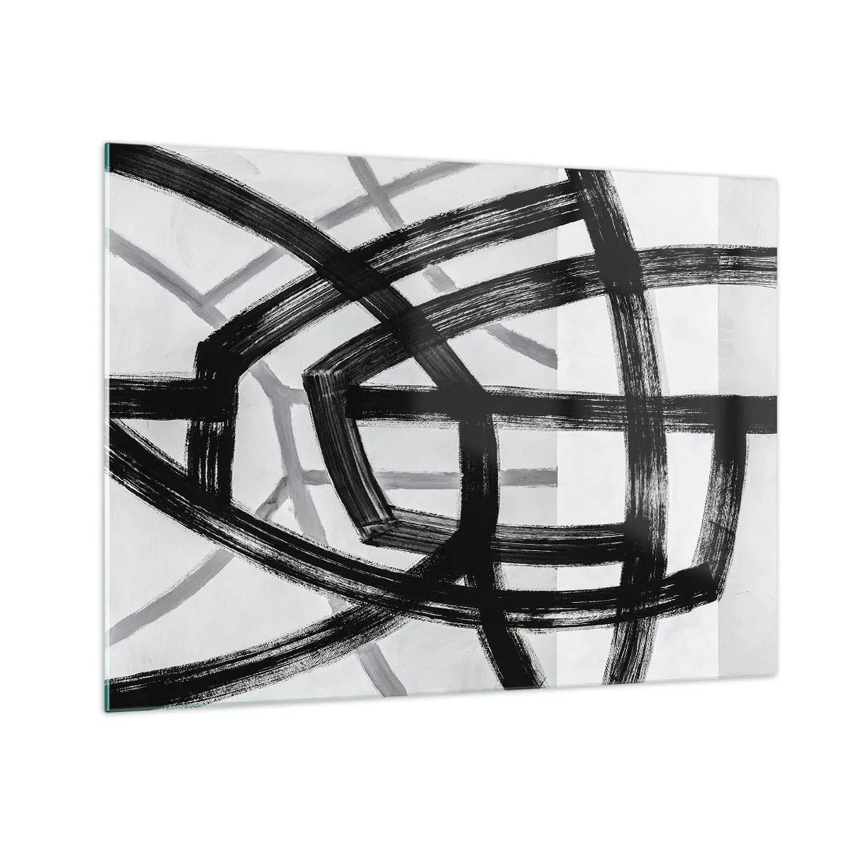 Quadro em vidro - Pinceladas pretas e cinzas criam uma rede dinâmica de linhas. - 70x50cm - Profundidade de construção - Decoração de parede moderna para a sala de estar e quarto ARTTOR