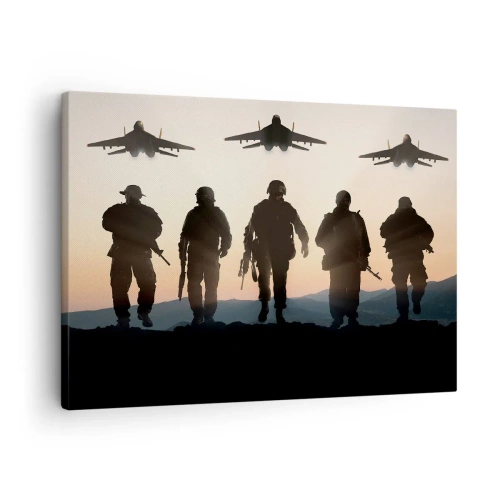 Quadro em tela - Silhuetas de soldados e caças contra o pôr do sol - 70x50cm - Bem-vindo ao nosso mundo - Decoração de parede moderna para a sala de estar e quarto ARTTOR