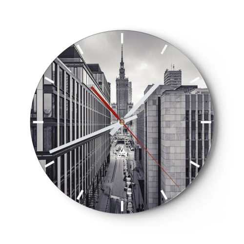 Relógio de parede - Relógio em vidro - Panorama da cidade com arquitetura moderna - 30x30cm - Vale de Varsóvia - Decoração de parede moderna para a sala de estar, cozinha e quarto ARTTOR