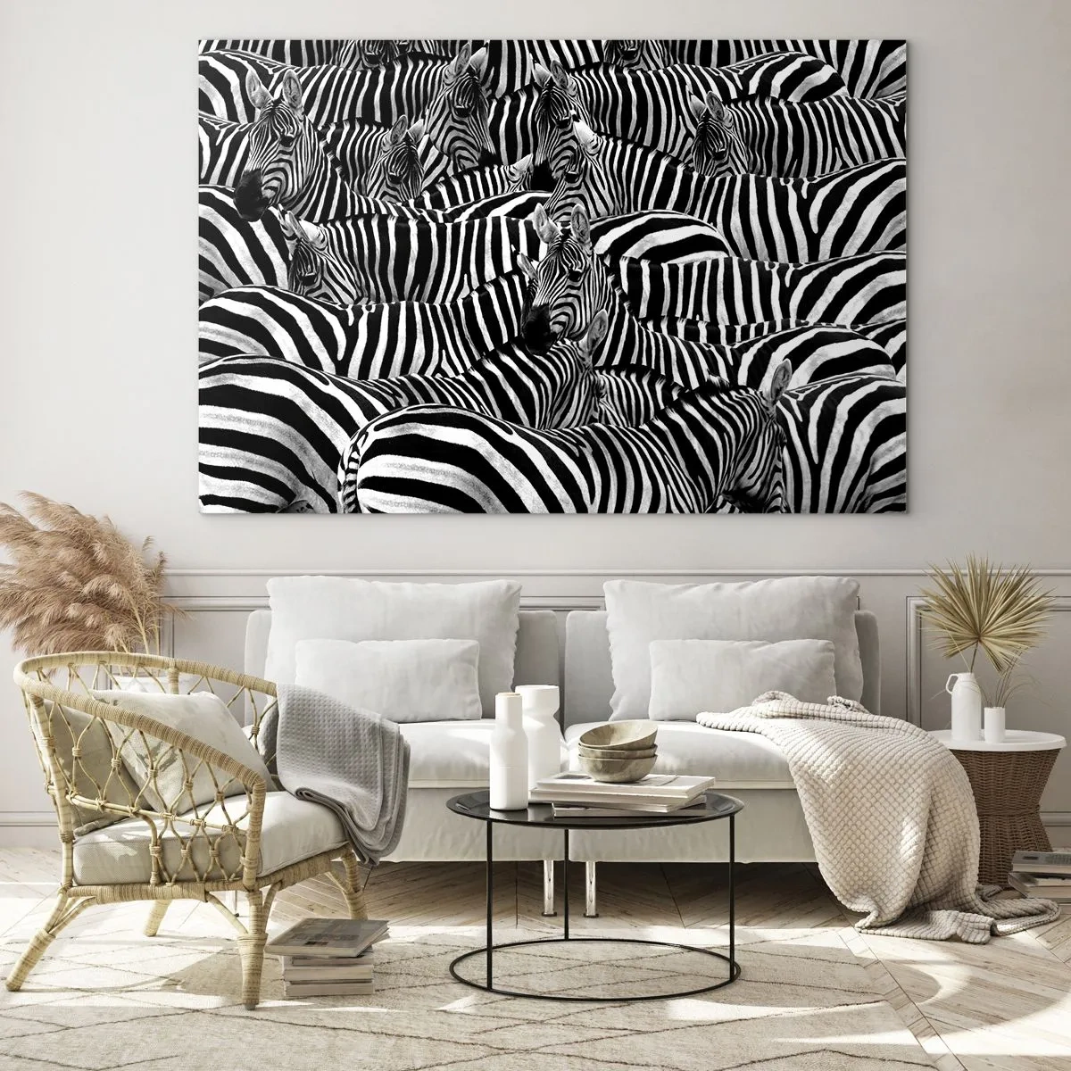 Quadro em vidro - Uma manada de zebras em monocromático - 70x50cm - Retrato de grupo em listras - Decoração de parede moderna para a sala de estar e quarto ARTTOR
