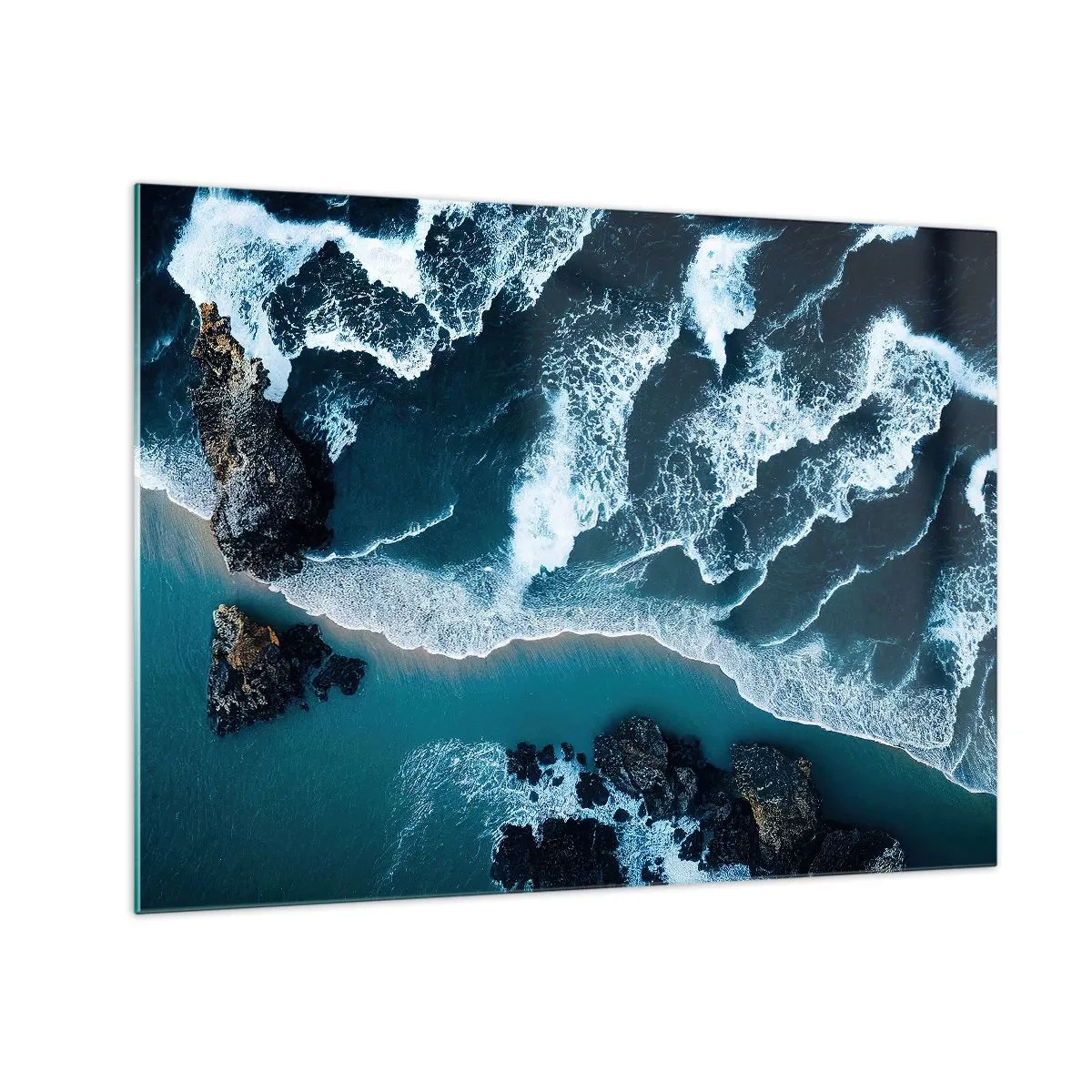 Quadro em vidro - Ondas do mar quebrando contra a costa rochosa - 70x50cm - Envolto em ondas - Decoração de parede moderna para a sala de estar e quarto ARTTOR