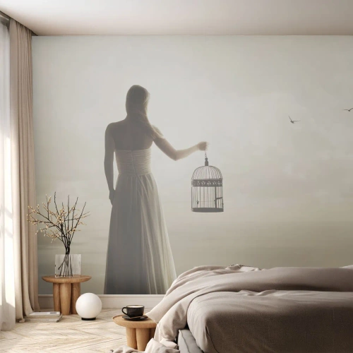 Papel de Parede Premium Sand - Seja livre - Mulher, Gaiola, Pássaro - 450x315 cm