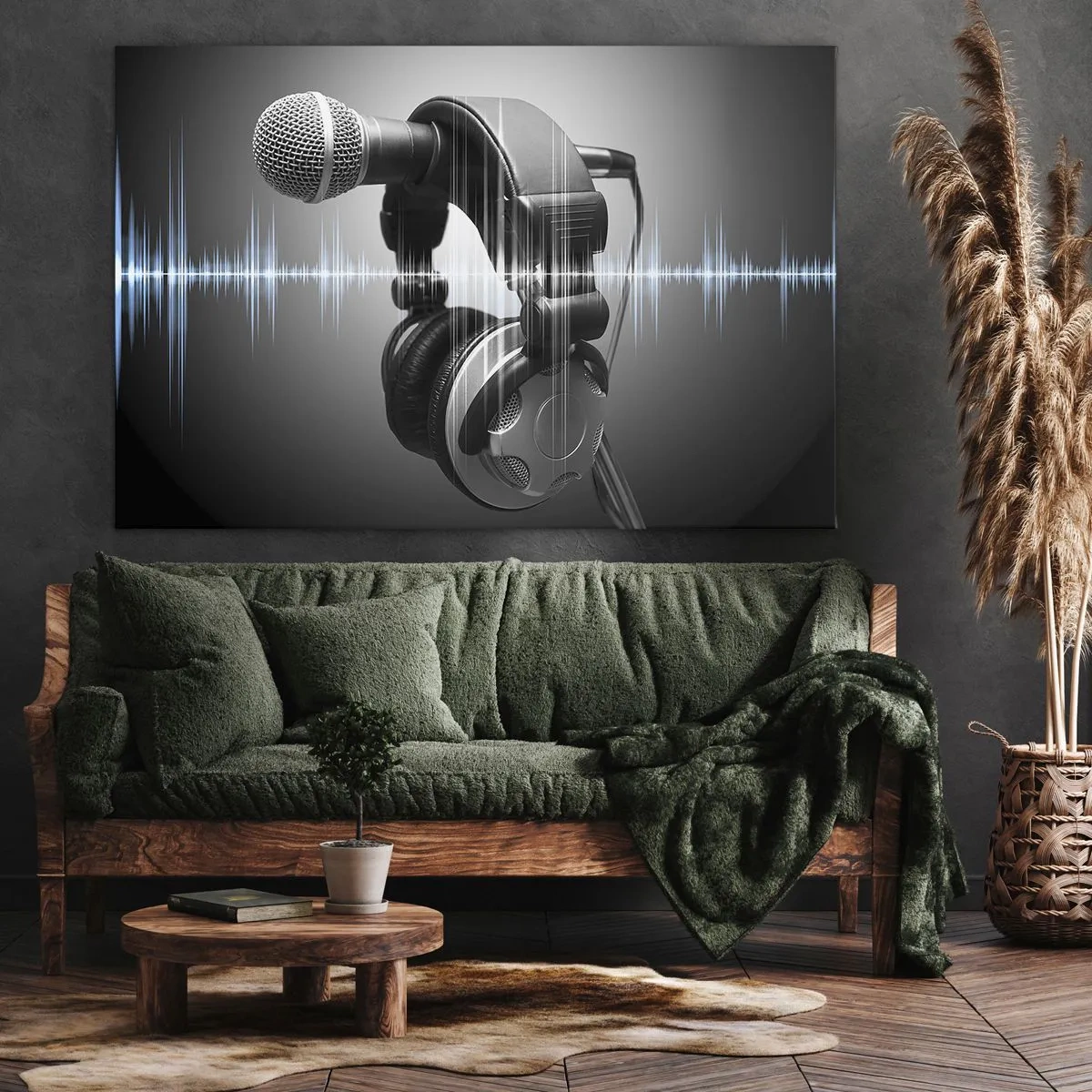 Quadro em tela - Microfone e fones de ouvido com visualização de ondas sonoras ao fundo - 70x50cm - Ainda pode-se ouvir o canto - Decoração de parede moderna para a sala de estar e quarto ARTTOR