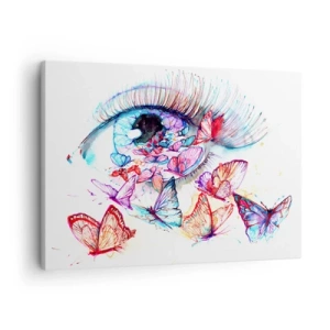Quadro em tela - Um olho em aquarela cercado por borboletas coloridas - 70x50cm - Olhos de conto de fadas - Decoração de parede moderna para a sala de estar e quarto ARTTOR