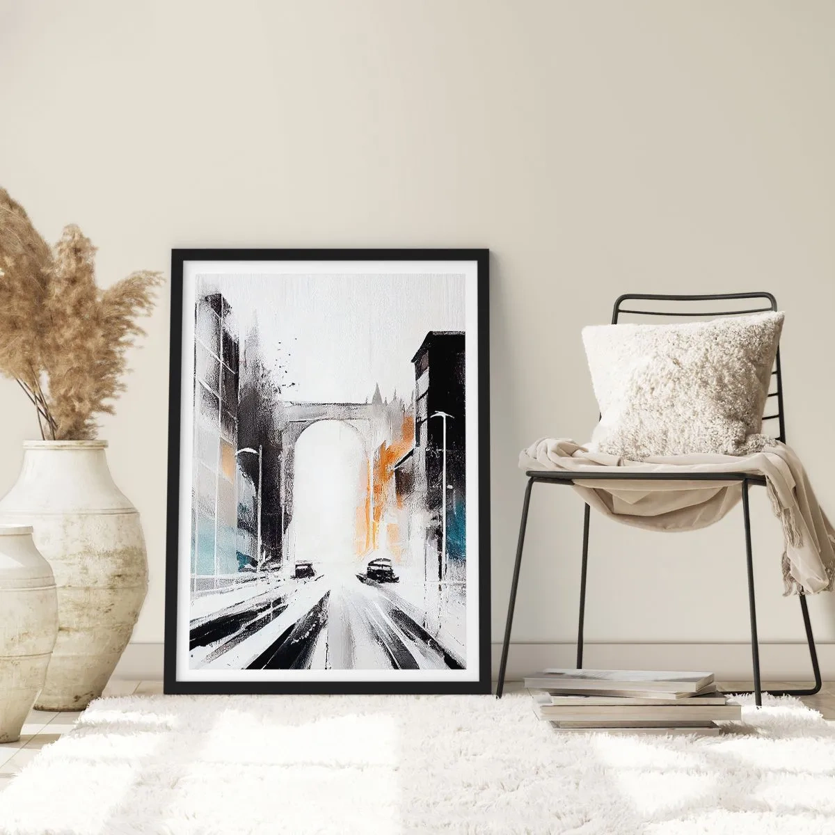 Pôster com moldura preta - Panorama abstrato da cidade com um arco monumental - 50x70cm - Estudo da cidade: arquitetura e movimento - Decoração de parede moderna para a sala de estar e quarto ARTTOR