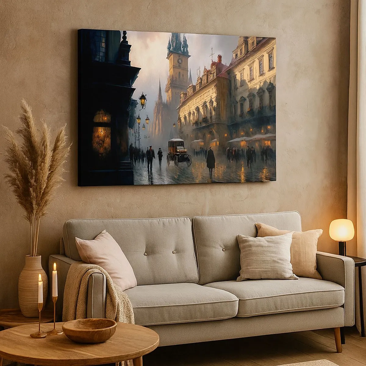 Quadro em tela - Cena de rua noturna com arquitetura histórica - 70x50cm - O encanto de uma noite em Praga - Decoração de parede moderna para a sala de estar e quarto ARTTOR