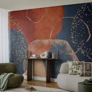 Papel de Parede Standard Eco - Manchas abstratas em azul marinho e cobre com um toque de dourado - 100x70cm - Leveza do ser - Decoração de parede moderna para a sala de estar e quarto ARTTOR