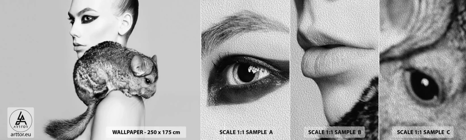 Amostra de papel de parede Premium Sand - A dama com a chinchila - Mulher, Mulher Com Chinchila, Modelo - 100x30 cm