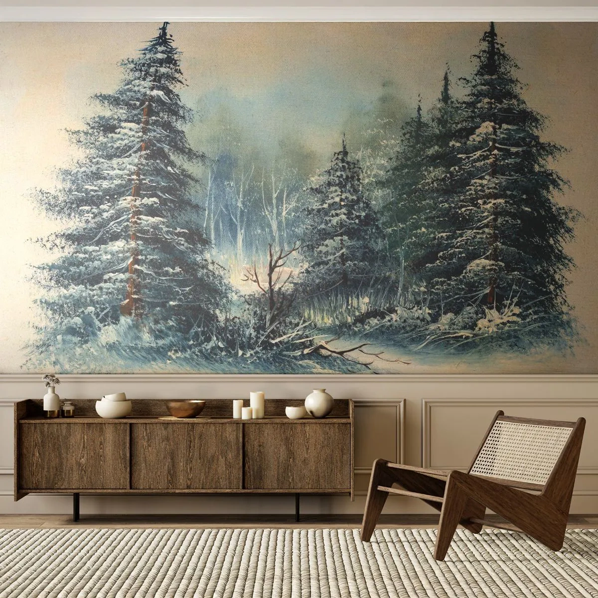 Papel de Parede Standard Eco - Uma paisagem de inverno com abetos cobertos de neve em estilo pictórico - 100x70cm - Prontas para o Natal - Decoração de parede moderna para a sala de estar e quarto ARTTOR