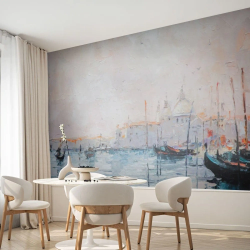 Papel de Parede Standard Eco - Vista impressionista de Veneza com gôndolas na água - 100x70cm - Além da água, atrás do nevoeiro - Decoração de parede moderna para a sala de estar e quarto ARTTOR
